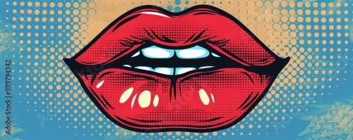 Pop art style illustration of female lips on a vibrant yellow background. Illustration.