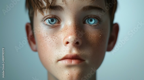 Portrait of a young boy with freckles and blue eyes. He is looking at the camera with a neutral expression. photo