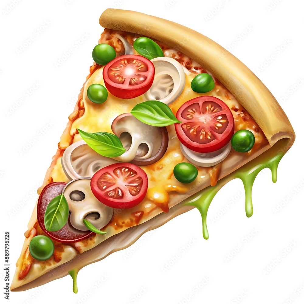 Illustrate a mouthwatering, cheesy pizza slice with stringy cheese and toppings like pepperoni, mushrooms, and green peppers.
Illustrate a mouthwatering, cheesy pizza slice with stringy cheese and toppings like pepperoni, mushrooms, and green peppers.