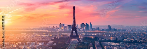 a panorama of Paris with the Eiffel tower at sunset, France and Europe city travel concept 