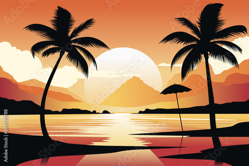 Beach Palm Trees Landscape Background Vector Illustration