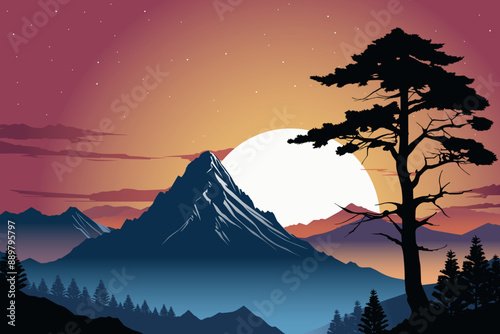 Landscape Mountain Moon Night Background Vector Illustration