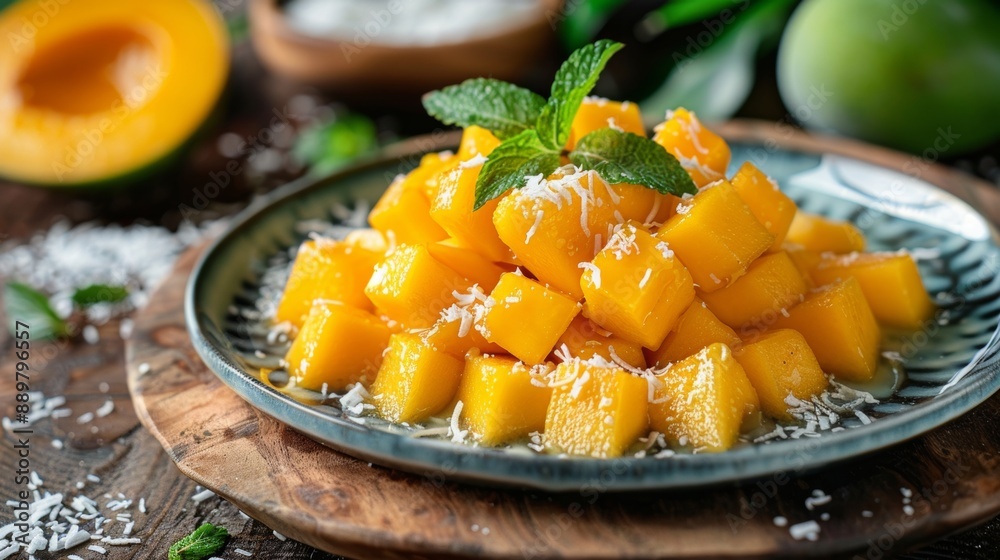 fresh mango dessert on a wooden table with coconut flakes, capturing tropical summer vibes fresh mango dessert on a wooden table with coconut flakes, capturing tropical summer vibes