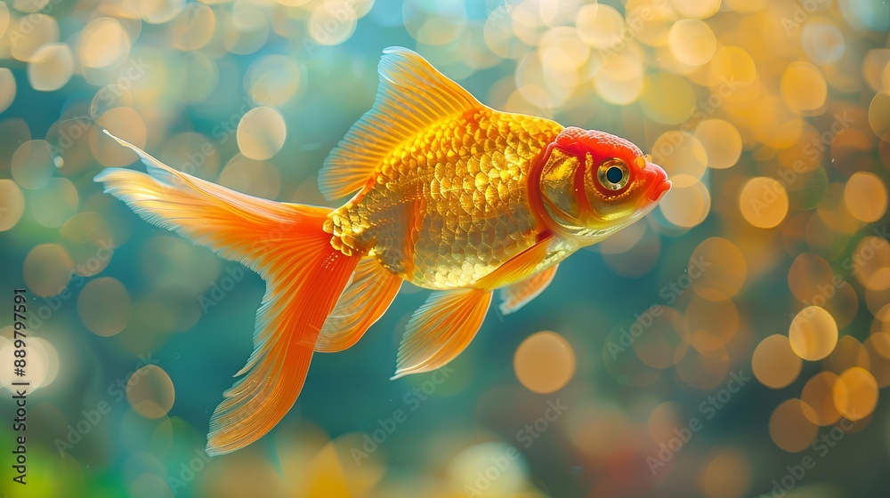 A detailed image of a goldfish swimming gracefully with beautiful golden scales in a vibrant, bokeh-accented aqua setting, showcasing its dynamic and serene nature. A detailed image of a goldfish swimming gracefully with beautiful golden scales in a vibrant, bokeh-accented aqua setting, showcasing its dynamic and serene nature.