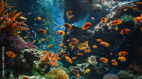 Underwater view of a coral reef with many colorful fish. photo