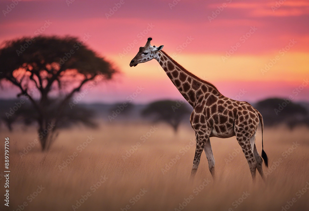 Obraz premium A giraffe striding across the savanna under a vibrant, multi-colored dawn sky. 
