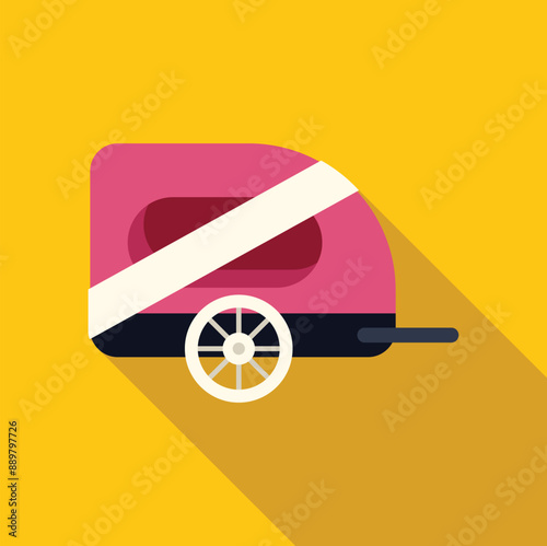 Pink trailer for camping standing on a yellow background with a long shadow