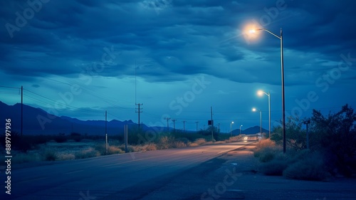 Desert Highway at Night with Streetlights and Mountains photo