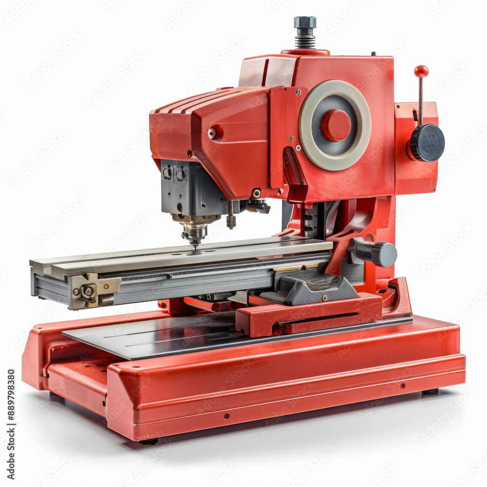 A red industrial milling machine displayed against a white background, highlighting its features and components for machining. A red industrial milling machine displayed against a white background, highlighting its features and components for machining.