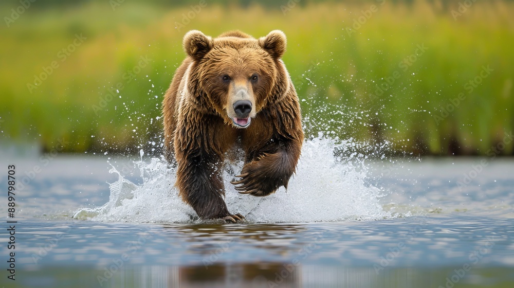 A powerful grizzly bear energetically running through shallow water in a natural, wild landscape, showcasing the raw beauty and strength of nature in action.