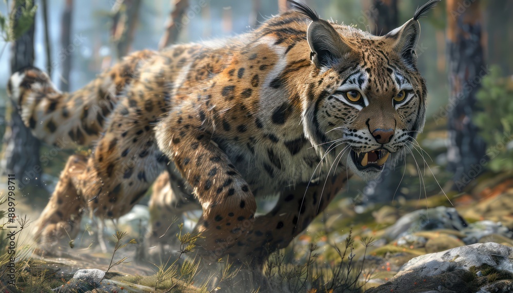 Fototapeta premium A Majestic Lynx Stalking Through the Forest, Exhibiting Classic Chasing Behavior, Its Powerful Muscles and Sharp Claws Ready to Strike, A Stunning Display of Nature's Raw Power and Beauty, Captured