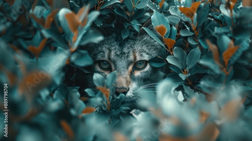 A Lynx's Sharp Gaze Pierces Through the Dense Foliage, Leafy Surroundings Conceal a Stealthy Beast on the Hunt, A Moment of Unseen Tension in the Wild, Wildcat's Hunter Instincts Revealed photo