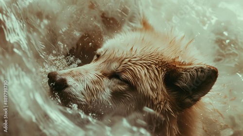 A serene golden retriever enjoying a relaxing swim in the water, highlighting the peace and simplicity of natural joys in a calm, ambient environment. photo