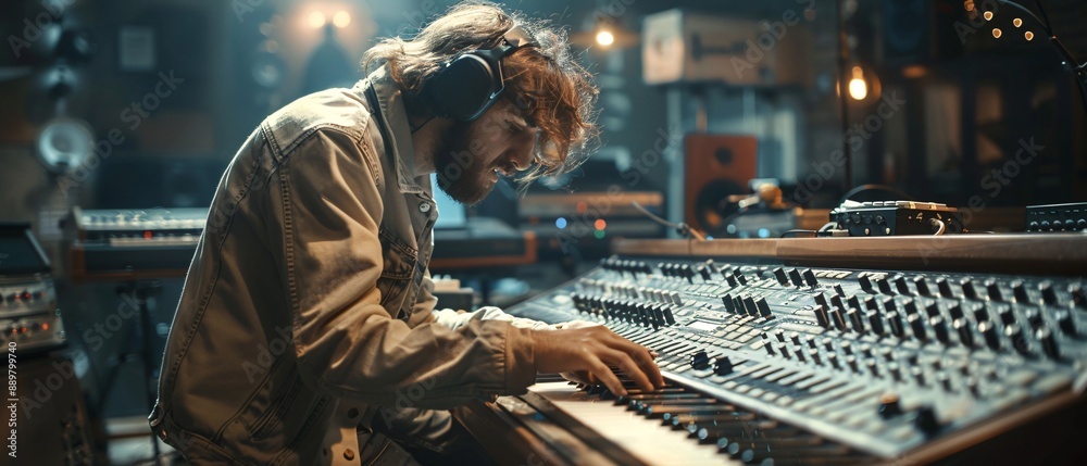Musicians work in recording studio. Musicians work in recording studio.