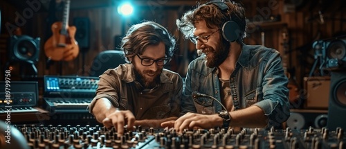 Musicians work in recording studio.