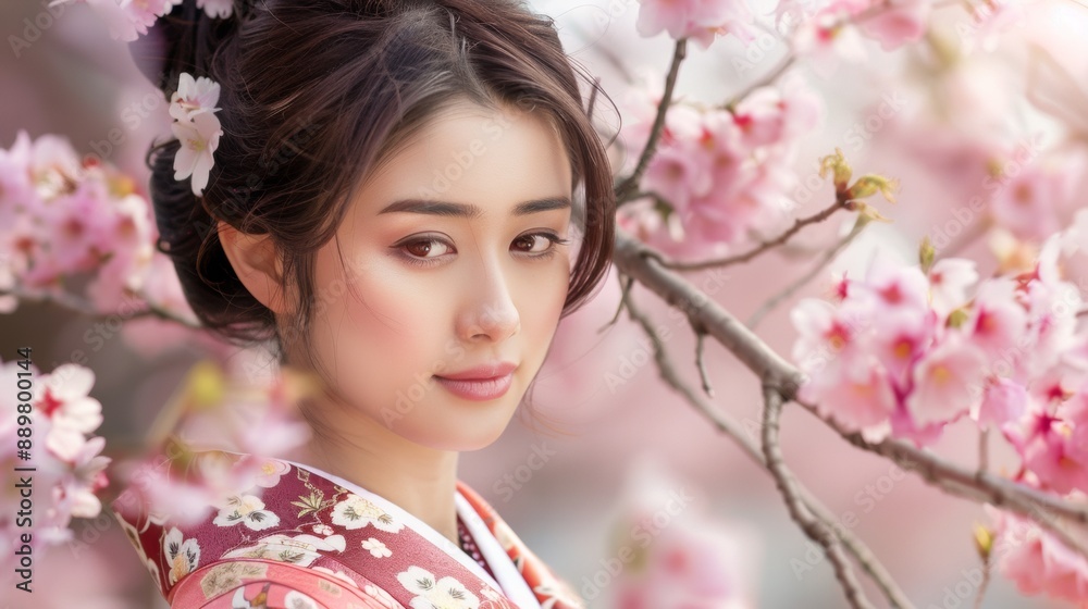 beautiful asian woman with a perfect face next to a pink sakura tree beautiful asian woman with a perfect face next to a pink sakura tree