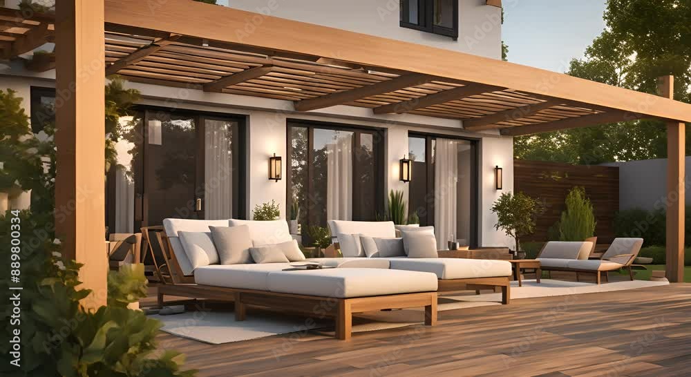Back yard house exterior with spacious wooden deck with patio area and attached pergola 4k animation Back yard house exterior with spacious wooden deck with patio area and attached pergola 4k animation