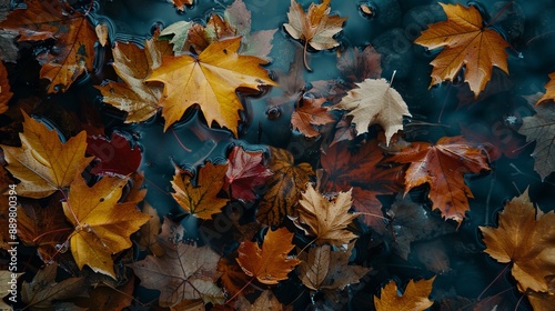 A serene scene of autumn leaves floating gently on the surface of calm water, which reflects the sky and surrounding colors, evoking a sense of peace and transience. photo