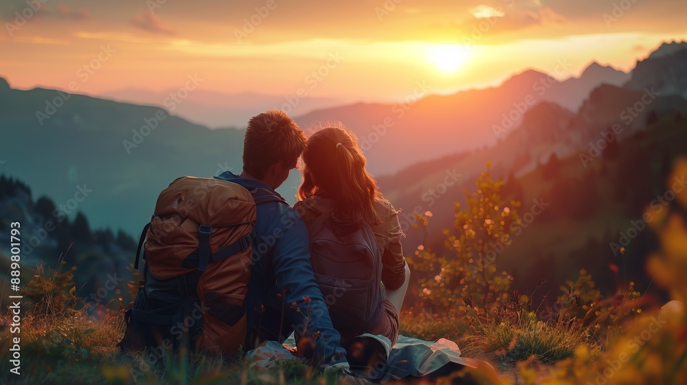 A couple wearing backpacks sits on a grassy meadow on a mountain, enjoying the tranquil and romantic sunset, creating lasting memories in a serene natural setting. A couple wearing backpacks sits on a grassy meadow on a mountain, enjoying the tranquil and romantic sunset, creating lasting memories in a serene natural setting.