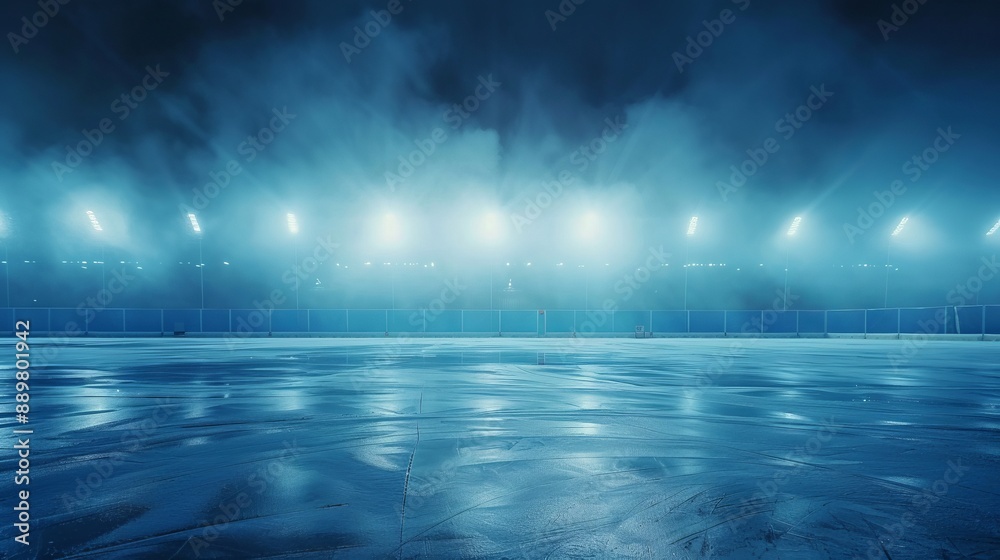 A photograph of an empty ice rink under the glow of blue lights, featuring a foggy atmosphere that adds a mysterious and serene ambiance to the scene, perfect for winter themes.