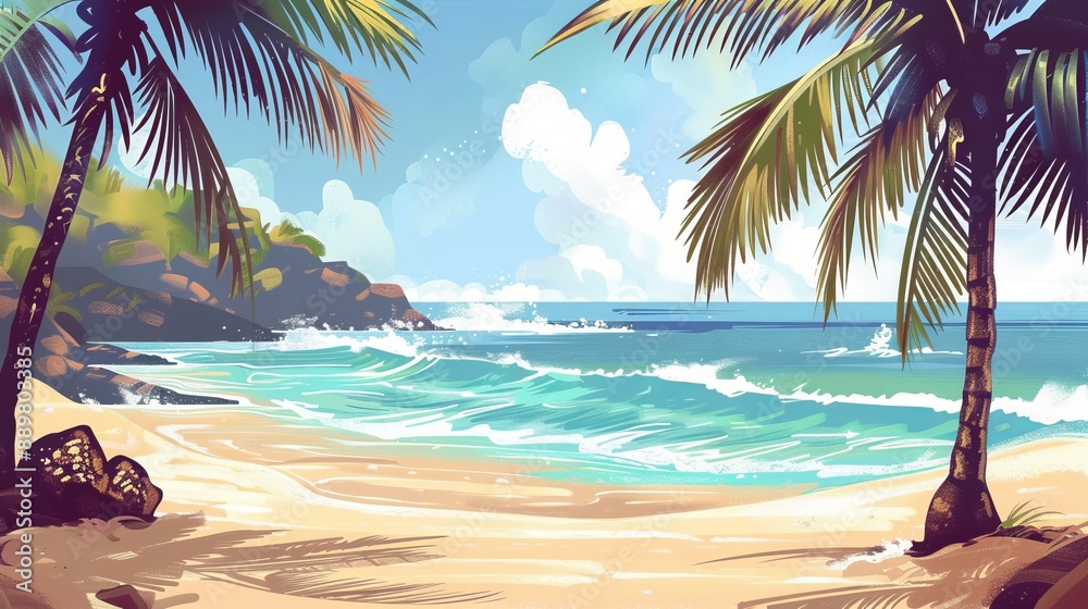 Naklejka premium Beautiful tropical beach with palm trees and gentle ocean waves, showcasing a serene and relaxing coastal scene, perfect for vacation or travel concept.