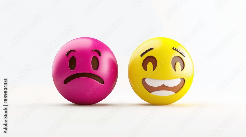 Fototapeta premium A set of two emojis, one solid magenta expressing deep thought, and another lemon yellow smiling jubilantly, against a white backdrop