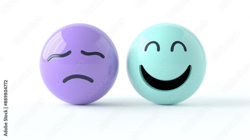 Two face emojis, one in simple violet expressing sadness, and another in mint showing a big grin, isolated on a white background