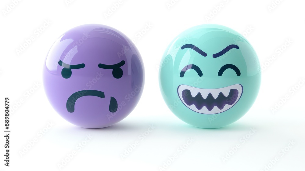Fototapeta premium Two face emojis, one in simple violet expressing sadness, and another in mint showing a big grin, isolated on a white background