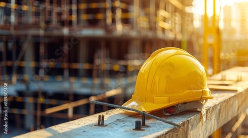 yellow worker's helmet at a construction site