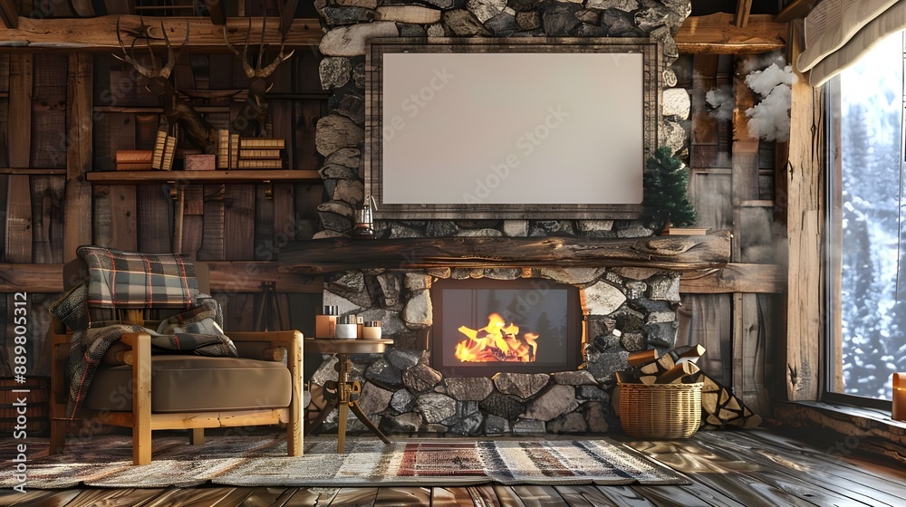 A cozy living room with a stone fireplace, wooden beams, and rustic decor, creating a warm and inviting retreat A cozy living room with a stone fireplace, wooden beams, and rustic decor, creating a warm and inviting retreat