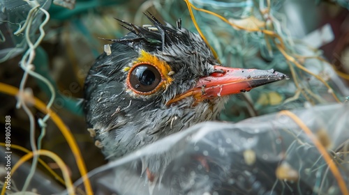 A distressed bird soaked in water is tangled in plastic waste and ocean debris, highlighting the grave environmental issues impacting marine wildlife and pollution. photo