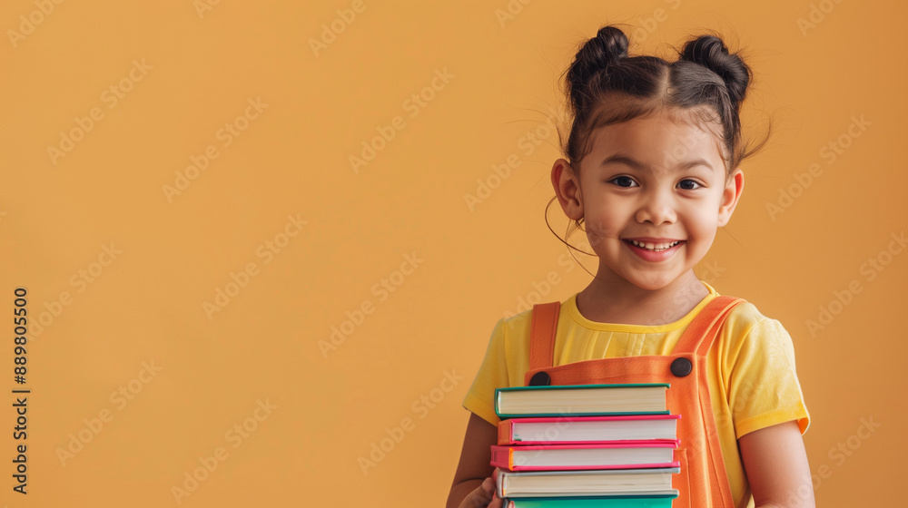 Young Girl Holding Books in Front of Yellow Background Young Girl Holding Books in Front of Yellow Background
