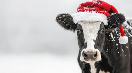 A cow adorned with a Santa hat standing in a snowy field, embodying a festive Christmas theme with a whimsical touch, perfect for holiday-related imagery.