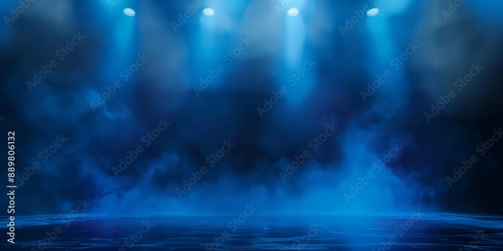 Illustration of a blue abstract empty background with neon lights and smoke inside. Empty blue studio space with spotlights and smoke. Illustration of a blue abstract empty background with neon lights and smoke inside. Empty blue studio space with spotlights and smoke.