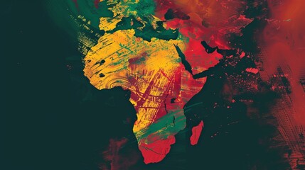 This image features a vibrant, abstract painting depicting the shape of the African continent, showcasing a blend of red, yellow, and green hues in an expressive manner.