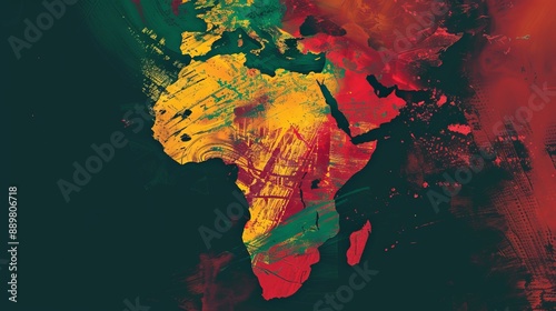 This image features a vibrant, abstract painting depicting the shape of the African continent, showcasing a blend of red, yellow, and green hues in an expressive manner.