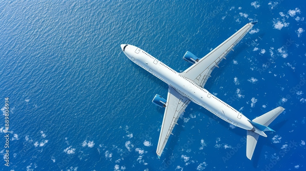 A big airplane flies low over the deep blue ocean with a clear blue sky and white clouds in the background. The high-angle shot captures the serene scene with the airplane centered. Copy space. A big airplane flies low over the deep blue ocean with a clear blue sky and white clouds in the background. The high-angle shot captures the serene scene with the airplane centered. Copy space.