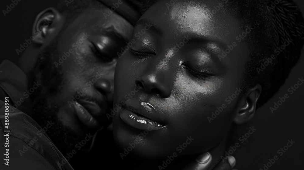 This image captures a man and woman in a tender embrace with their eyes closed, highlighting their emotional connection and intimacy in a dramatic, shadowed setting. This image captures a man and woman in a tender embrace with their eyes closed, highlighting their emotional connection and intimacy in a dramatic, shadowed setting.