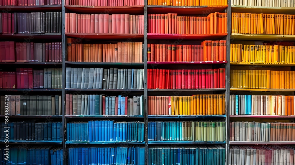 A colorful bookshelf filled with a variety of books, perfect for education, reading, and library-themed projects. A colorful bookshelf filled with a variety of books, perfect for education, reading, and library-themed projects.