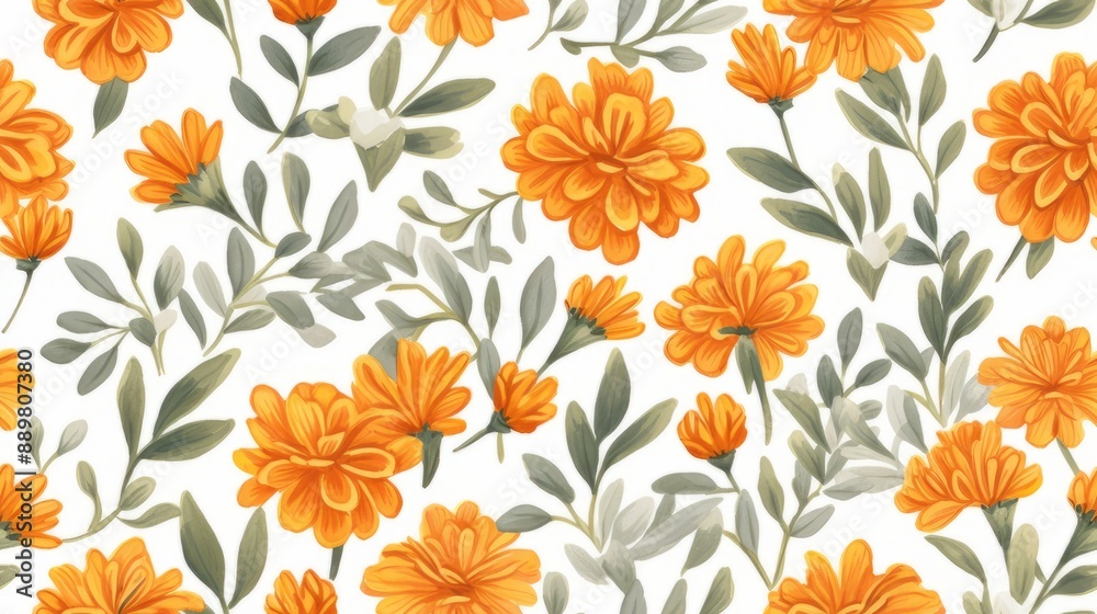 This background is adorned with a pattern of beautiful yellow Marigold flowers and green leaves, creating an atmosphere filled with warmth and delightful beauty. This background is adorned with a pattern of beautiful yellow Marigold flowers and green leaves, creating an atmosphere filled with warmth and delightful beauty.
