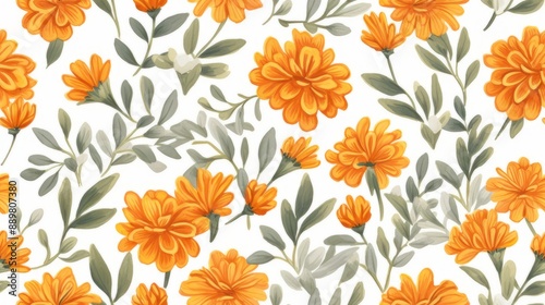 Wallpaper Mural This background is adorned with a pattern of beautiful yellow Marigold flowers and green leaves, creating an atmosphere filled with warmth and delightful beauty. Torontodigital.ca