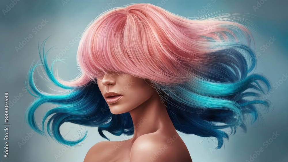 A woman with pink and blue hair is shown in a digital painting, AI A woman with pink and blue hair is shown in a digital painting, AI