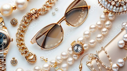Chic fashion accessories like sunglasses, jewelry, and watches on an elegant white background, exuding sophistication. 32k, full ultra HD, high resolution