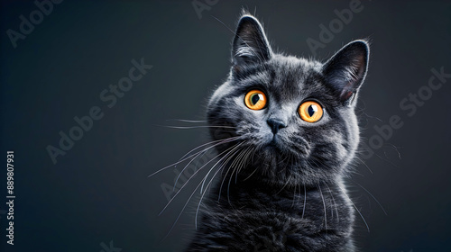 Dramatic black and white portrait of a surprised and curious looking British Shorthair cat with big expressive eyes and whiskers against a dark moody background