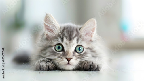 Wallpaper Mural Cute and Fluffy Longhair Gray Kitten with Beautiful Big Green Eyes Lying Peacefully on a White Table in a Minimalist Studio Setting  Perfect for Photography and Animal Lifestyle Imagery Torontodigital.ca