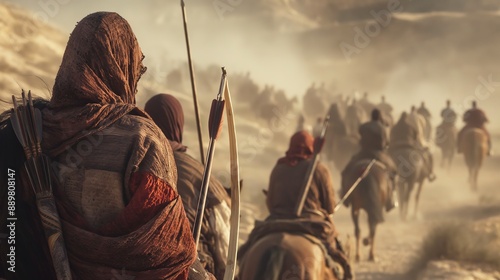 Realistic Cinematic Shot, view from backside of two muslim Warriors on foot, Shooting arrows the Distance at enemy cavalry charging towards them, In a desert