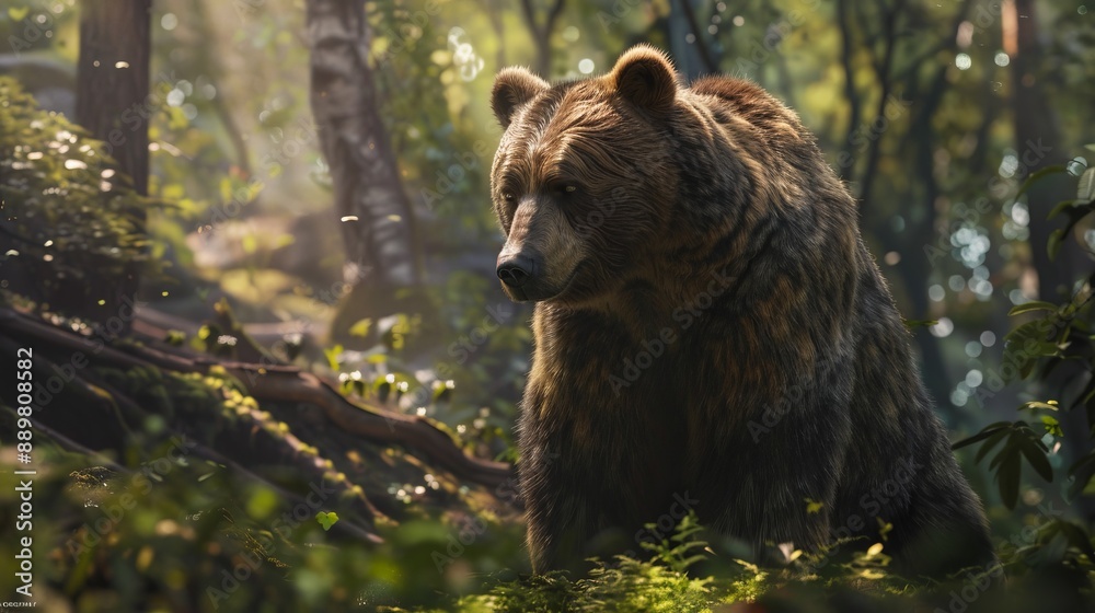 A bear standing still amid dense forest foliage, captured during daylight, showcasing the bear’s majestic composure and the richness of its natural forest habitat. A bear standing still amid dense forest foliage, captured during daylight, showcasing the bear’s majestic composure and the richness of its natural forest habitat.