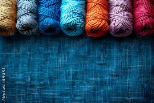 Close-up of colorful yarn balls on a blue fabric background, evoking creativity and craft. Ideal for themes of knitting, textiles, and DIY projects. photo