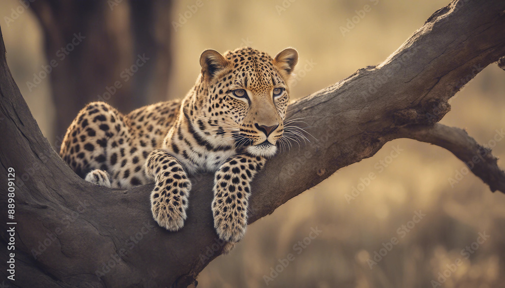 Fototapeta premium A leopard lying gracefully on a high tree branch, with a panoramic view of the savanna. 