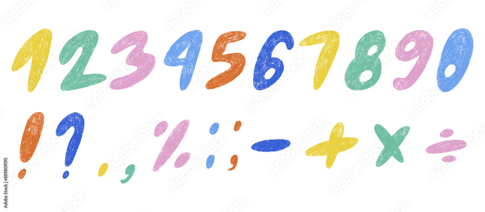 Chalk drawing kids pencil textured numbers and symbols. Freehand pastel childish hand drawn set. ABC school paintbrush doodle collection. Isolated vector illustration Chalk drawing kids pencil textured numbers and symbols. Freehand pastel childish hand drawn set. ABC school paintbrush doodle collection. Isolated vector illustration